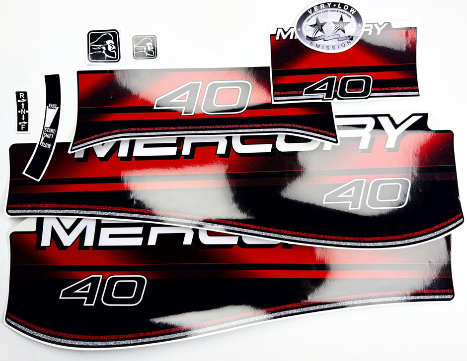 Vinyl graphic decals set suitable for Mercury 40 hp two stroke outboard engine. Vinyl stickers kit for Mercury 40 hp Handmade
