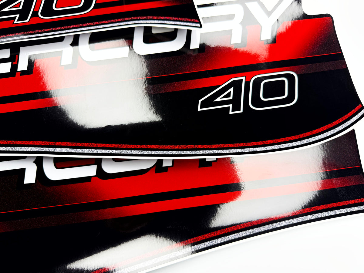 Vinyl graphic decals set suitable for Mercury 40 hp two stroke outboard engine. Vinyl stickers kit for Mercury 40 hp Handmade