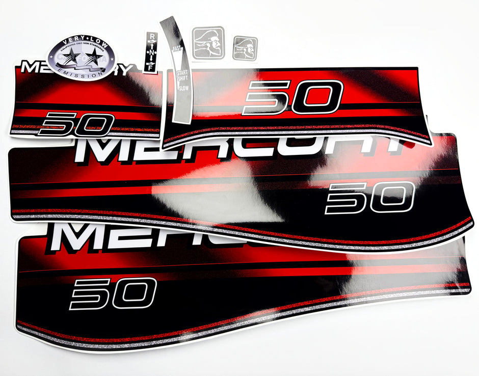 Vinyl graphic decals set suitable for Mercury 50 hp two stroke outboard engine. Vinyl stickers kit for Mercury 50 hp Handmade