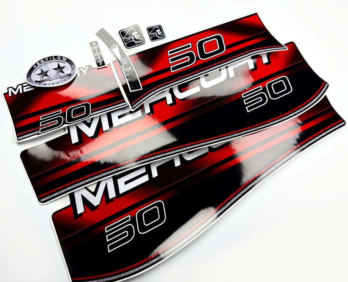 Vinyl graphic decals set suitable for Mercury 50 hp two stroke outboard engine. Vinyl stickers kit for Mercury 50 hp Handmade