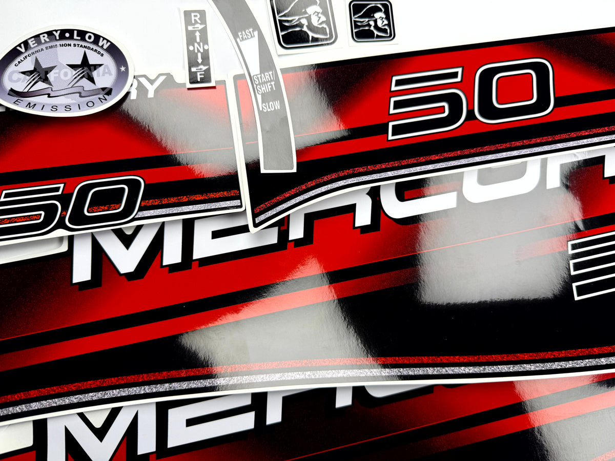 Vinyl graphic decals set suitable for Mercury 50 hp two stroke outboard engine. Vinyl stickers kit for Mercury 50 hp Handmade