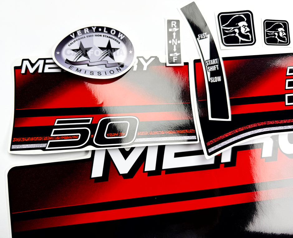 Vinyl graphic decals set suitable for Mercury 50 hp two stroke outboard engine. Vinyl stickers kit for Mercury 50 hp Handmade
