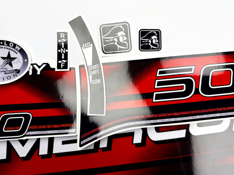 Vinyl graphic decals set suitable for Mercury 50 hp two stroke outboard engine. Vinyl stickers kit for Mercury 50 hp Handmade