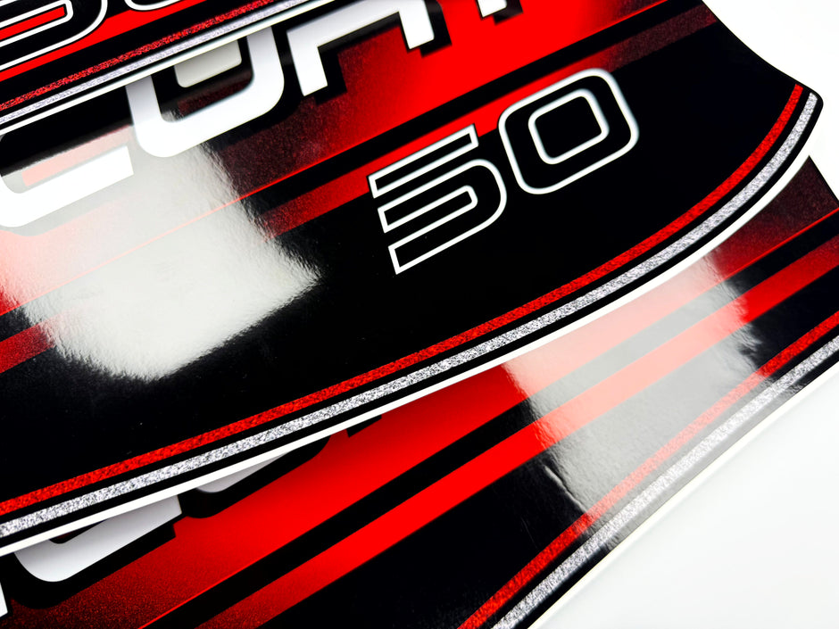 Vinyl graphic decals set suitable for Mercury 50 hp two stroke outboard engine. Vinyl stickers kit for Mercury 50 hp Handmade