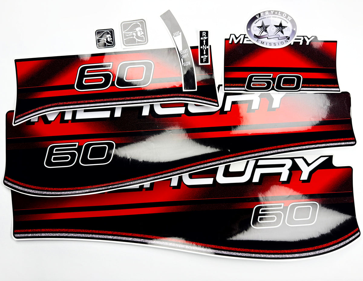 Vinyl graphic decals set suitable for Mercury 60 hp two stroke outboard engine. Vinyl stickers kit for Mercury 60 hp Handmade