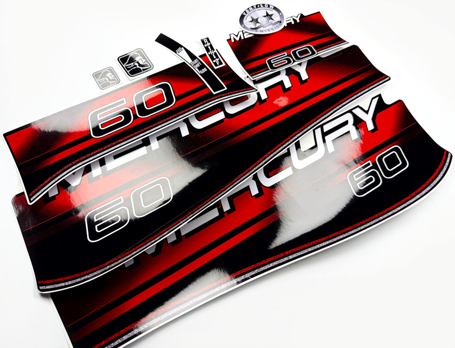 Vinyl graphic decals set suitable for Mercury 60 hp two stroke outboard engine. Vinyl stickers kit for Mercury 60 hp Handmade