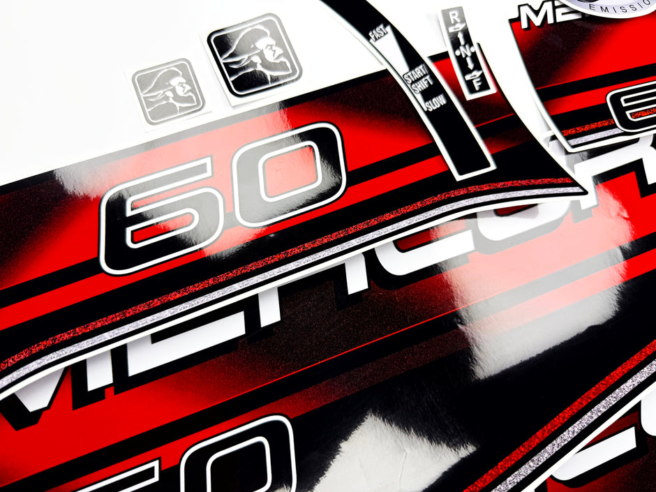 Vinyl graphic decals set suitable for Mercury 60 hp two stroke outboard engine. Vinyl stickers kit for Mercury 60 hp Handmade