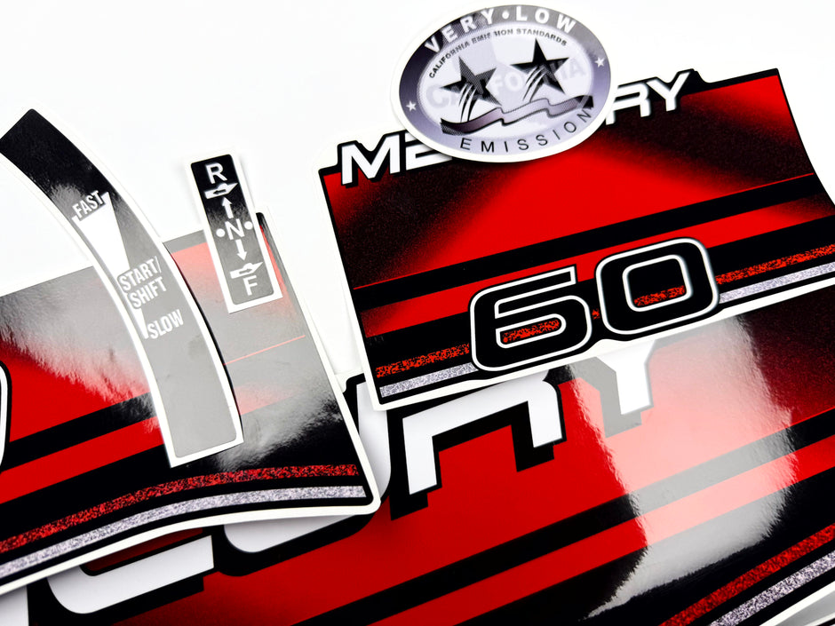 Vinyl graphic decals set suitable for Mercury 60 hp two stroke outboard engine. Vinyl stickers kit for Mercury 60 hp Handmade