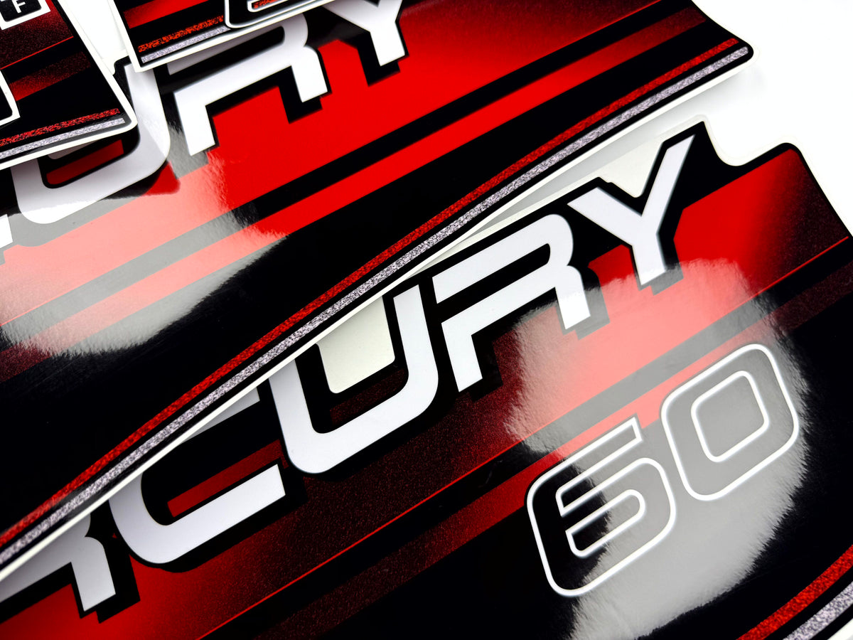 Vinyl graphic decals set suitable for Mercury 60 hp two stroke outboard engine. Vinyl stickers kit for Mercury 60 hp Handmade