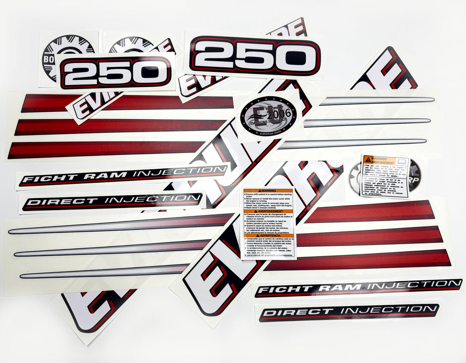 Vinyl graphic decals set suitable for Evinrude 250 hp direct injection outboard engine for blue cover cowling . Vinyl stickers kit for Ewinrude 250 Handmade