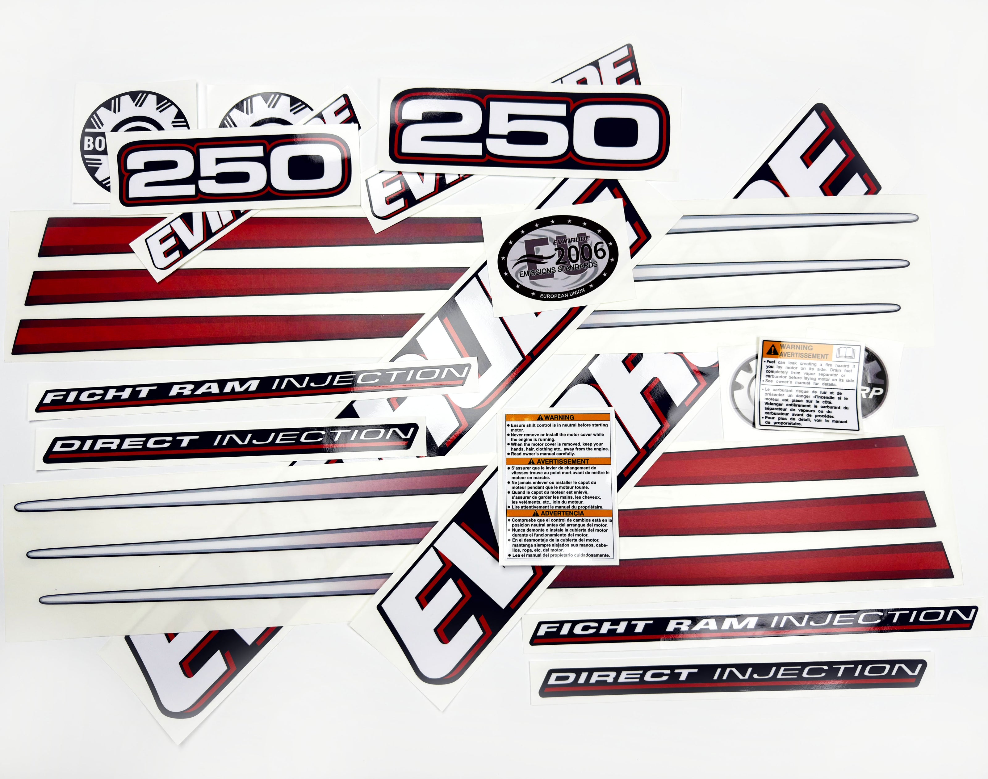 Vinyl graphic decals set suitable for Evinrude 250 hp direct injection outboard engine for blue cover cowling . Vinyl stickers kit for Ewinrude 250 Handmade