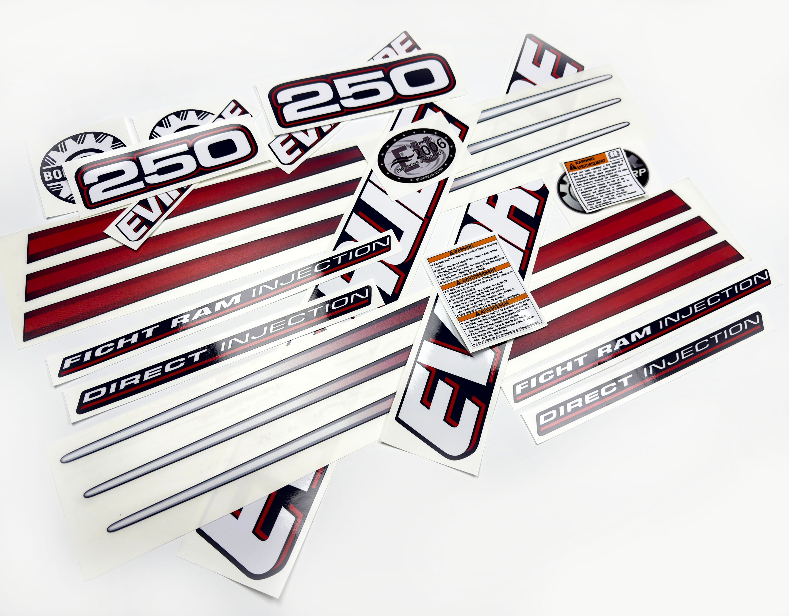 Vinyl graphic decals set suitable for Evinrude 250 hp direct injection outboard engine for blue cover cowling . Vinyl stickers kit for Ewinrude 250 Handmade