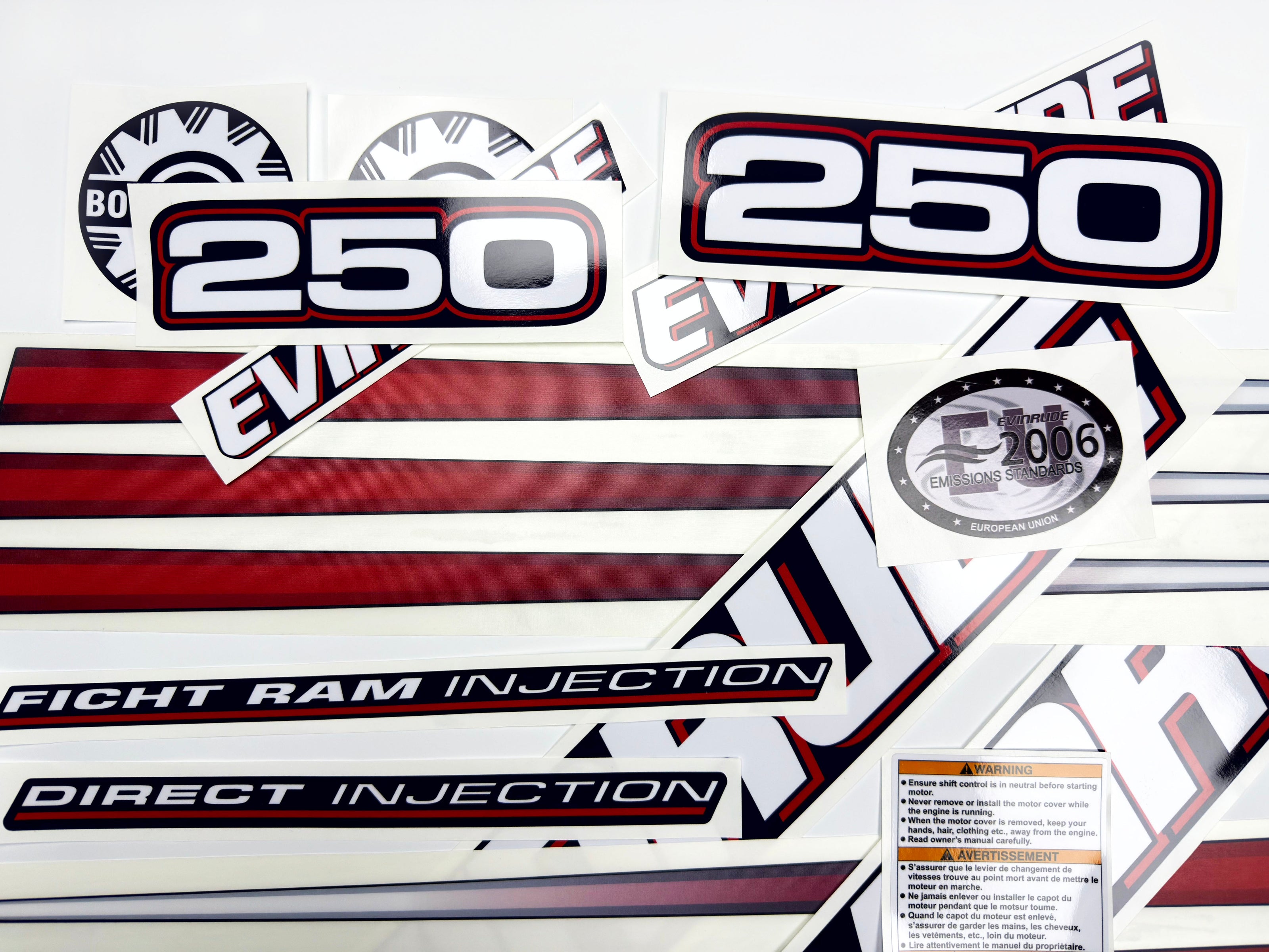 Vinyl graphic decals set suitable for Evinrude 250 hp direct injection outboard engine for blue cover cowling . Vinyl stickers kit for Ewinrude 250 Handmade