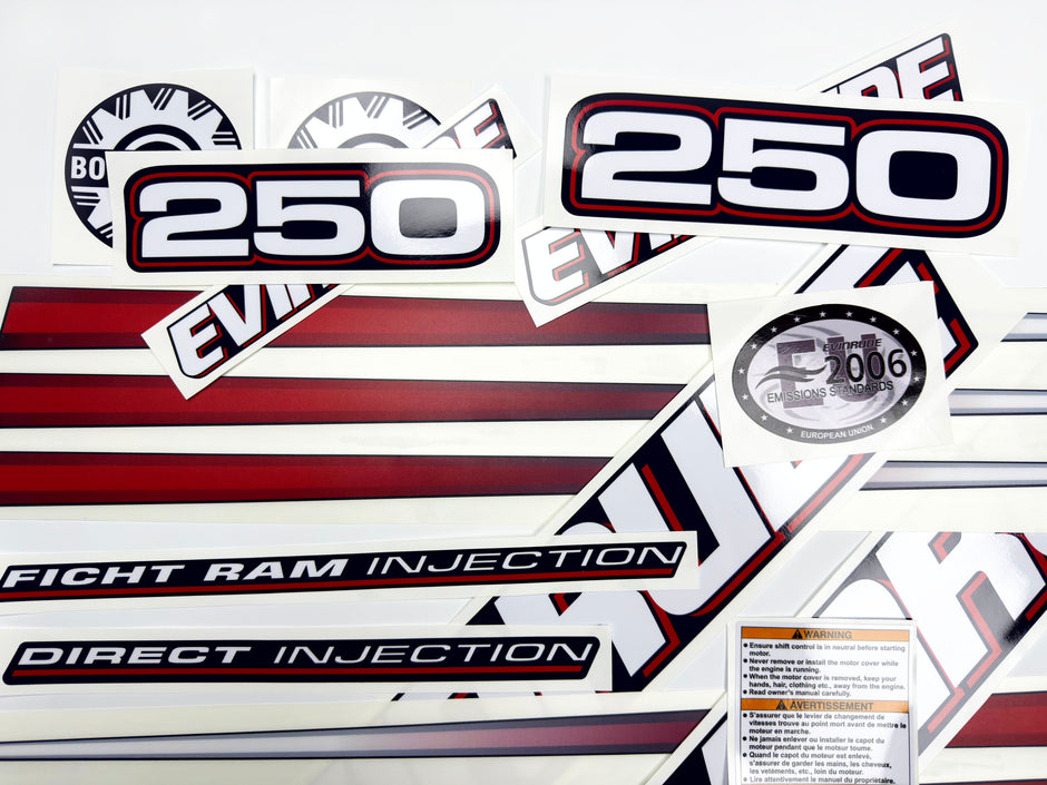 Vinyl graphic decals set suitable for Evinrude 250 hp direct injection outboard engine for blue cover cowling . Vinyl stickers kit for Ewinrude 250 Handmade