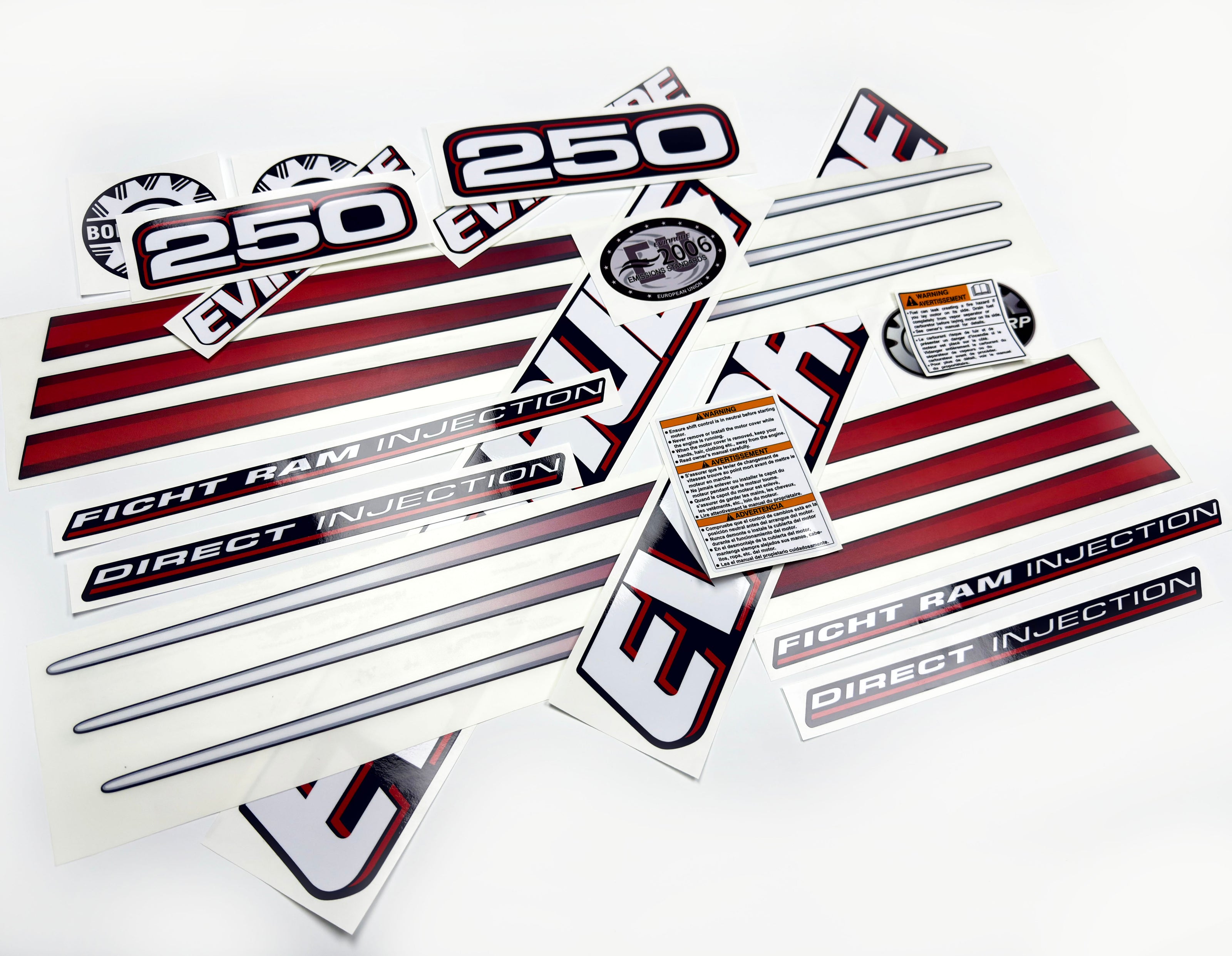 Vinyl graphic decals set suitable for Evinrude 250 hp direct injection outboard engine for blue cover cowling . Vinyl stickers kit for Ewinrude 250 Handmade