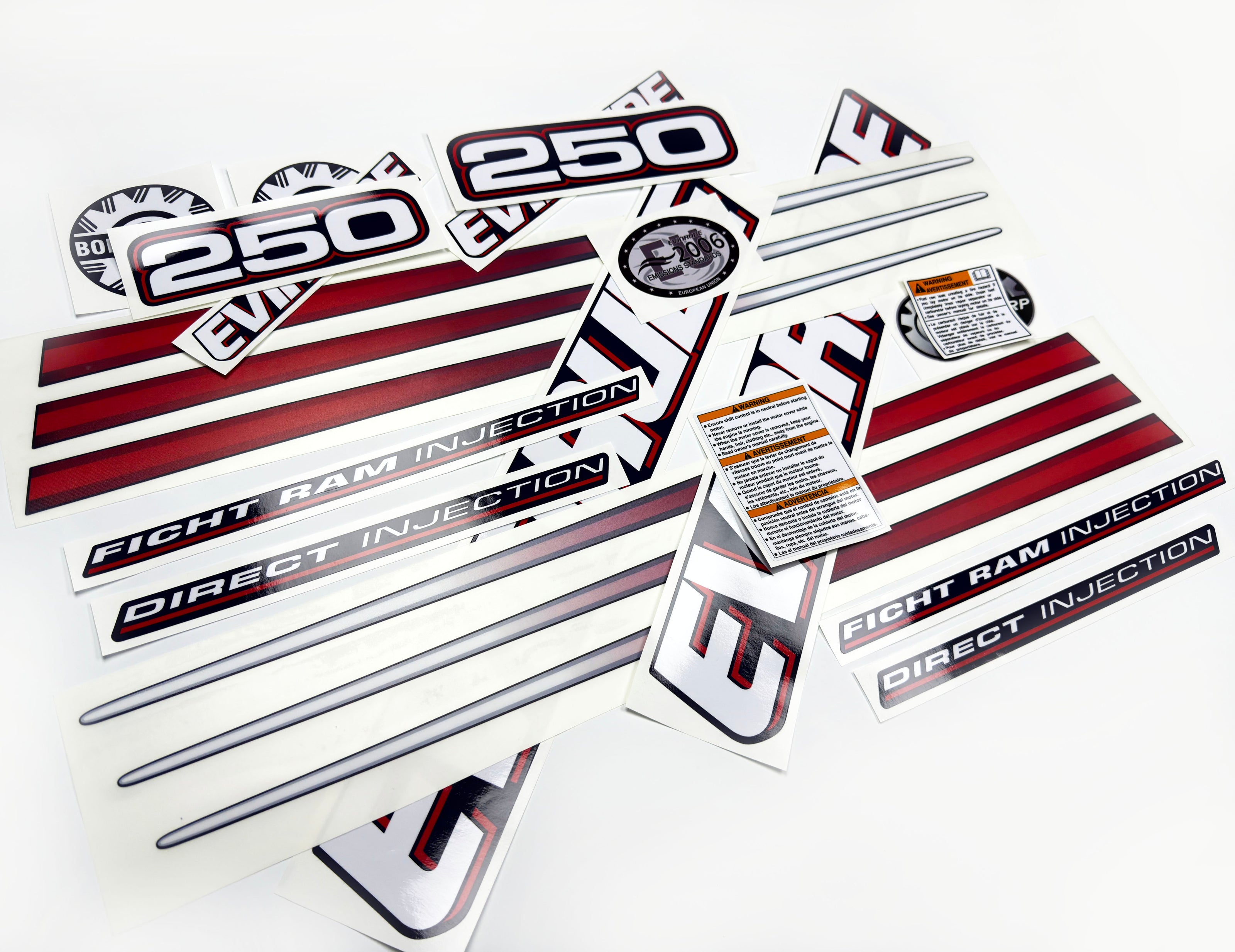 Vinyl graphic decals set suitable for Evinrude 250 hp direct injection outboard engine for blue cover cowling . Vinyl stickers kit for Ewinrude 250 Handmade