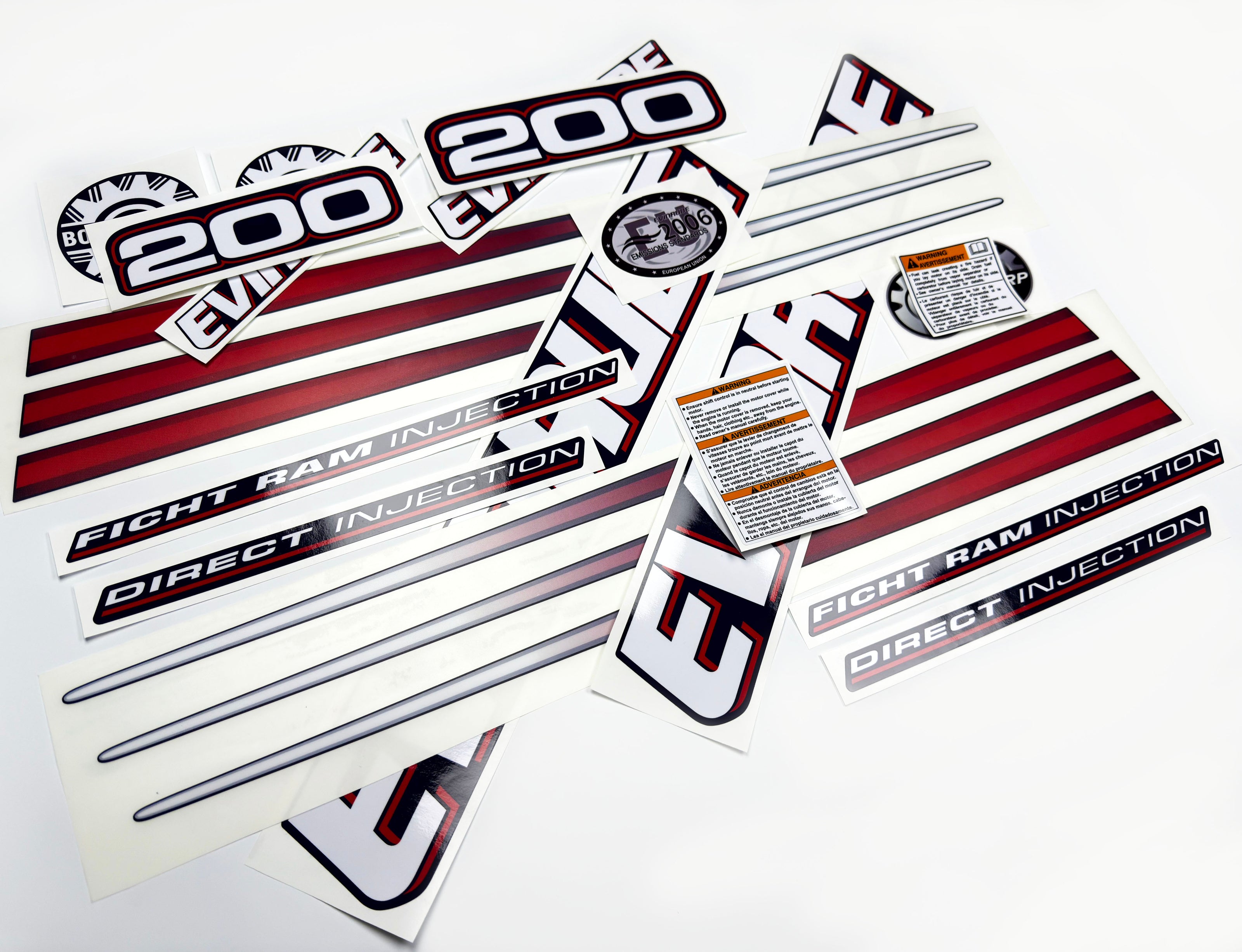 Vinyl graphic decals set suitable for Evinrude 200 hp direct injection outboard engine for blue cover cowling . Vinyl stickers kit for Ewinrude 200 Handmade