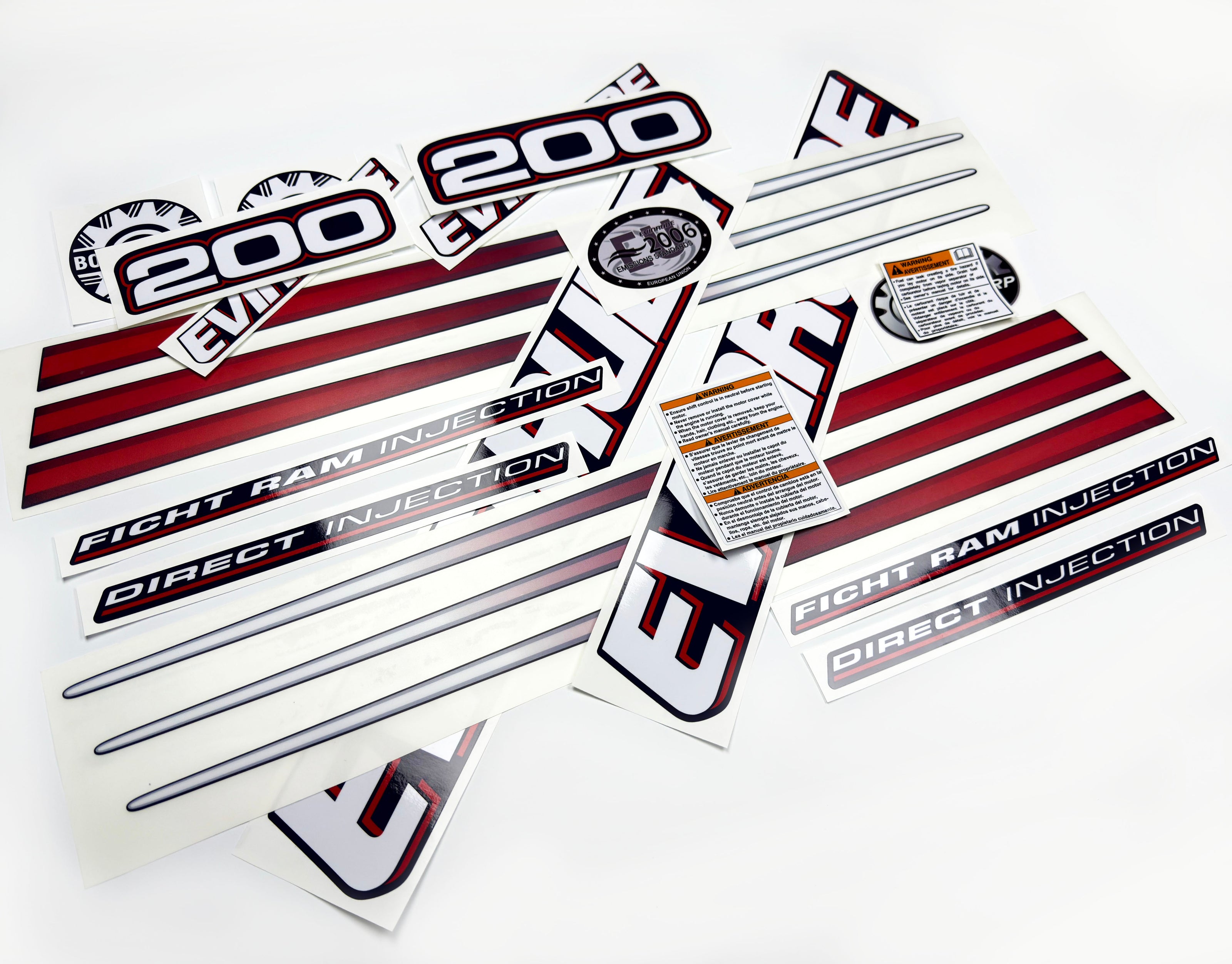Vinyl graphic decals set suitable for Evinrude 200 hp direct injection outboard engine for blue cover cowling . Vinyl stickers kit for Ewinrude 200 Handmade