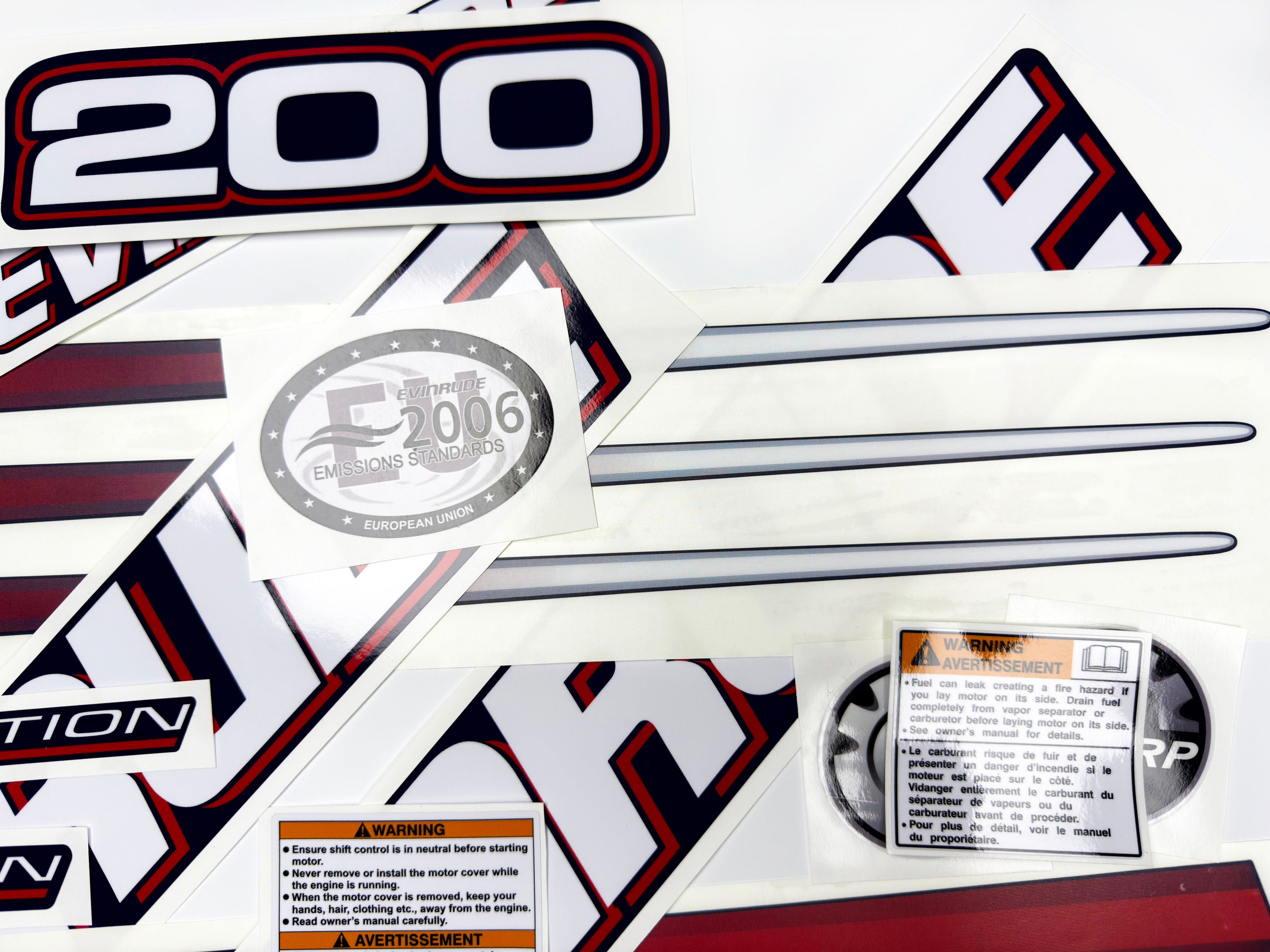 Vinyl graphic decals set suitable for Evinrude 200 hp direct injection outboard engine for blue cover cowling . Vinyl stickers kit for Ewinrude 200 Handmade