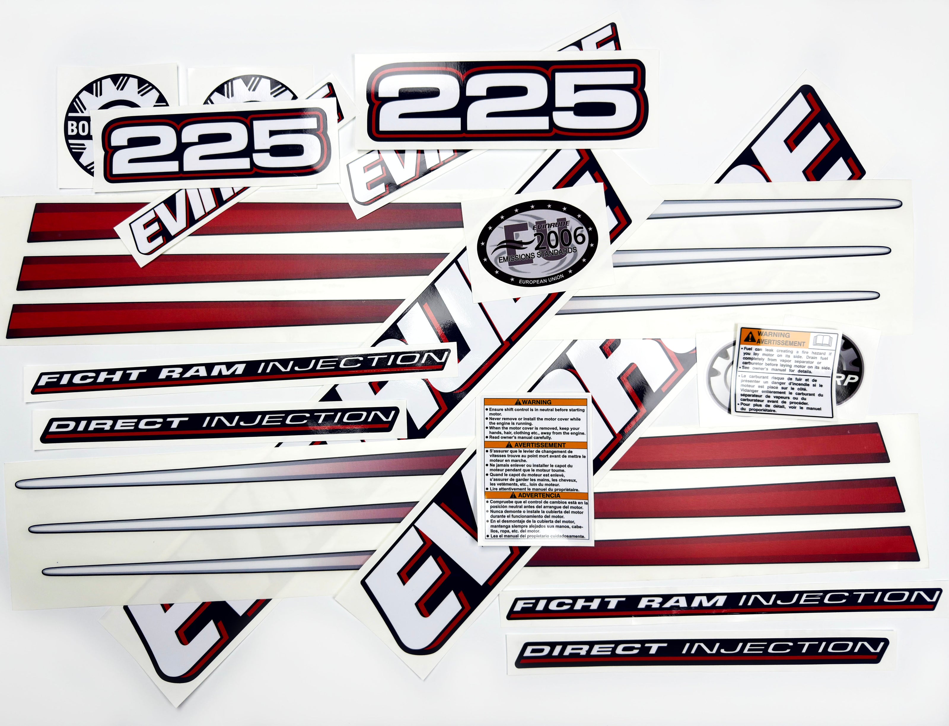 Vinyl graphic decals set suitable for Evinrude 225 hp direct injection outboard engine for blue cover cowling . Vinyl stickers kit for Ewinrude 225 Handmade