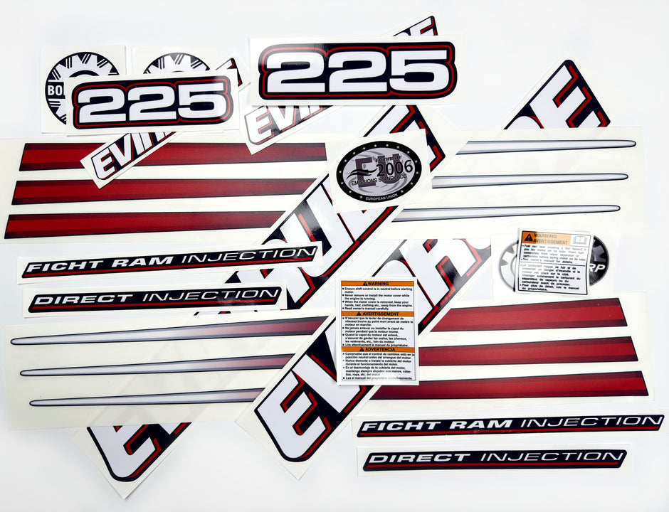 Vinyl graphic decals set suitable for Evinrude 225 hp direct injection outboard engine for blue cover cowling . Vinyl stickers kit for Ewinrude 225 Handmade