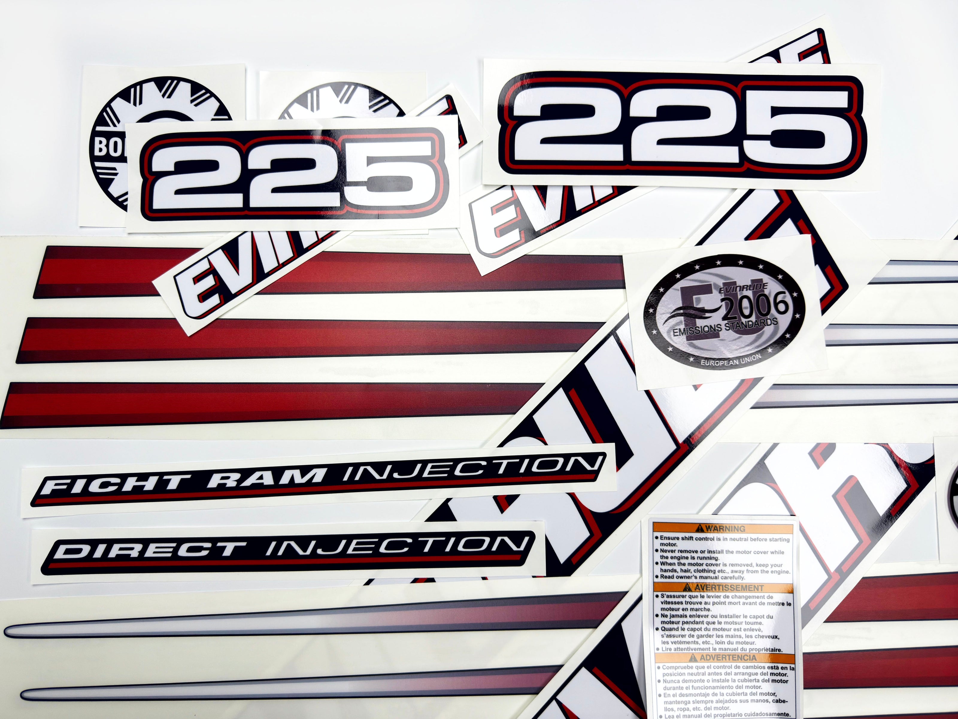 Vinyl graphic decals set suitable for Evinrude 225 hp direct injection outboard engine for blue cover cowling . Vinyl stickers kit for Ewinrude 225 Handmade