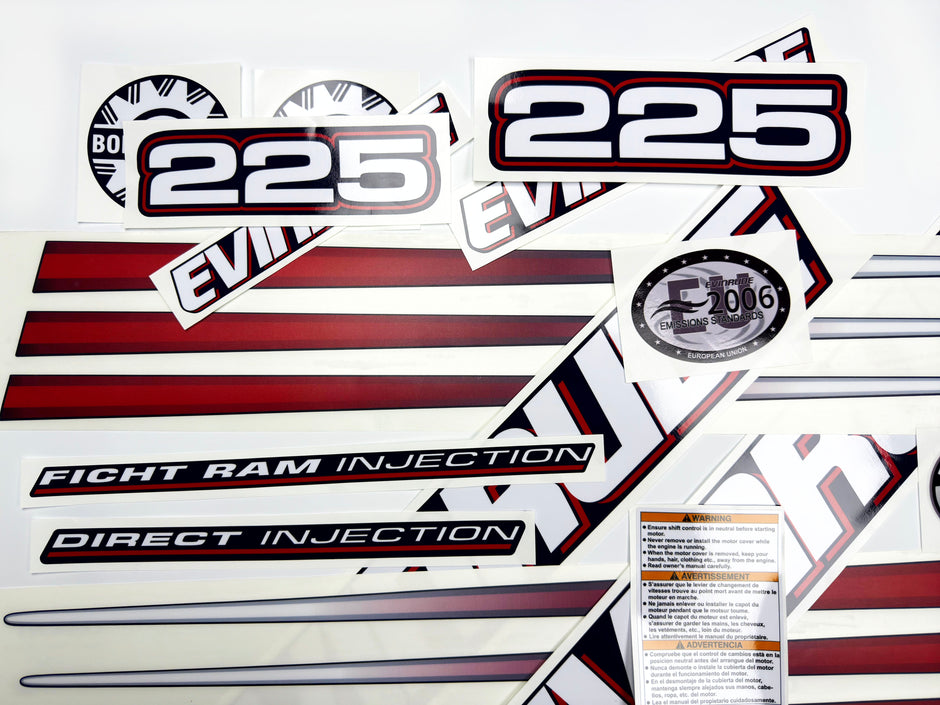 Vinyl graphic decals set suitable for Evinrude 225 hp direct injection outboard engine for blue cover cowling . Vinyl stickers kit for Ewinrude 225 Handmade