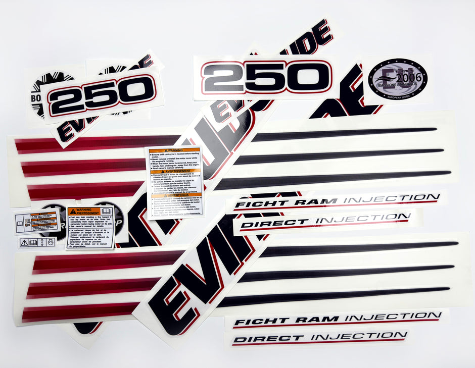 Vinyl graphic decals set suitable for Evinrude 250 hp direct injection outboard engine for white cover cowling . Vinyl stickers kit for Ewinrude 250 Handmade