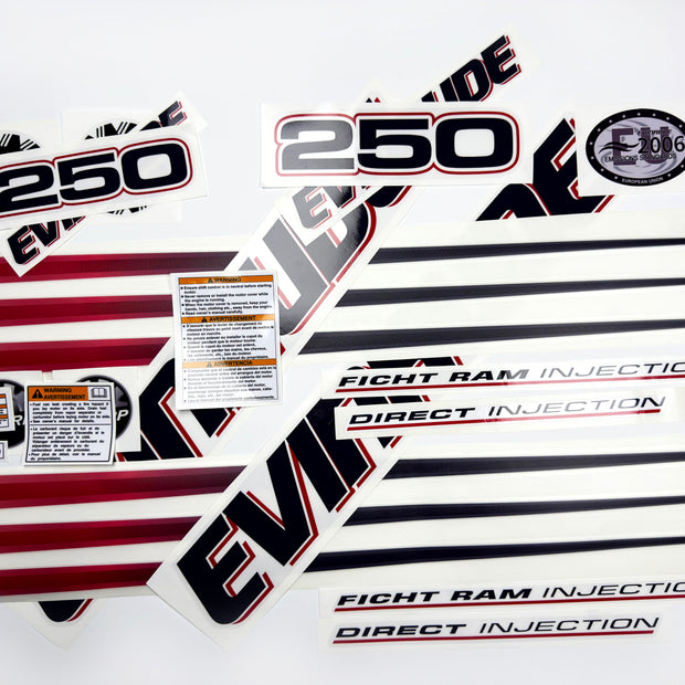 Vinyl graphic decals set suitable for Evinrude 250 hp direct injection outboard engine for white cover cowling . Vinyl stickers kit for Ewinrude 250 Handmade