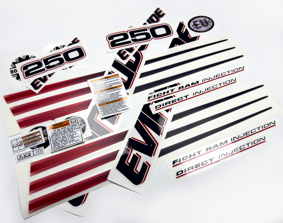 Vinyl graphic decals set suitable for Evinrude 250 hp direct injection outboard engine for white cover cowling . Vinyl stickers kit for Ewinrude 250 Handmade