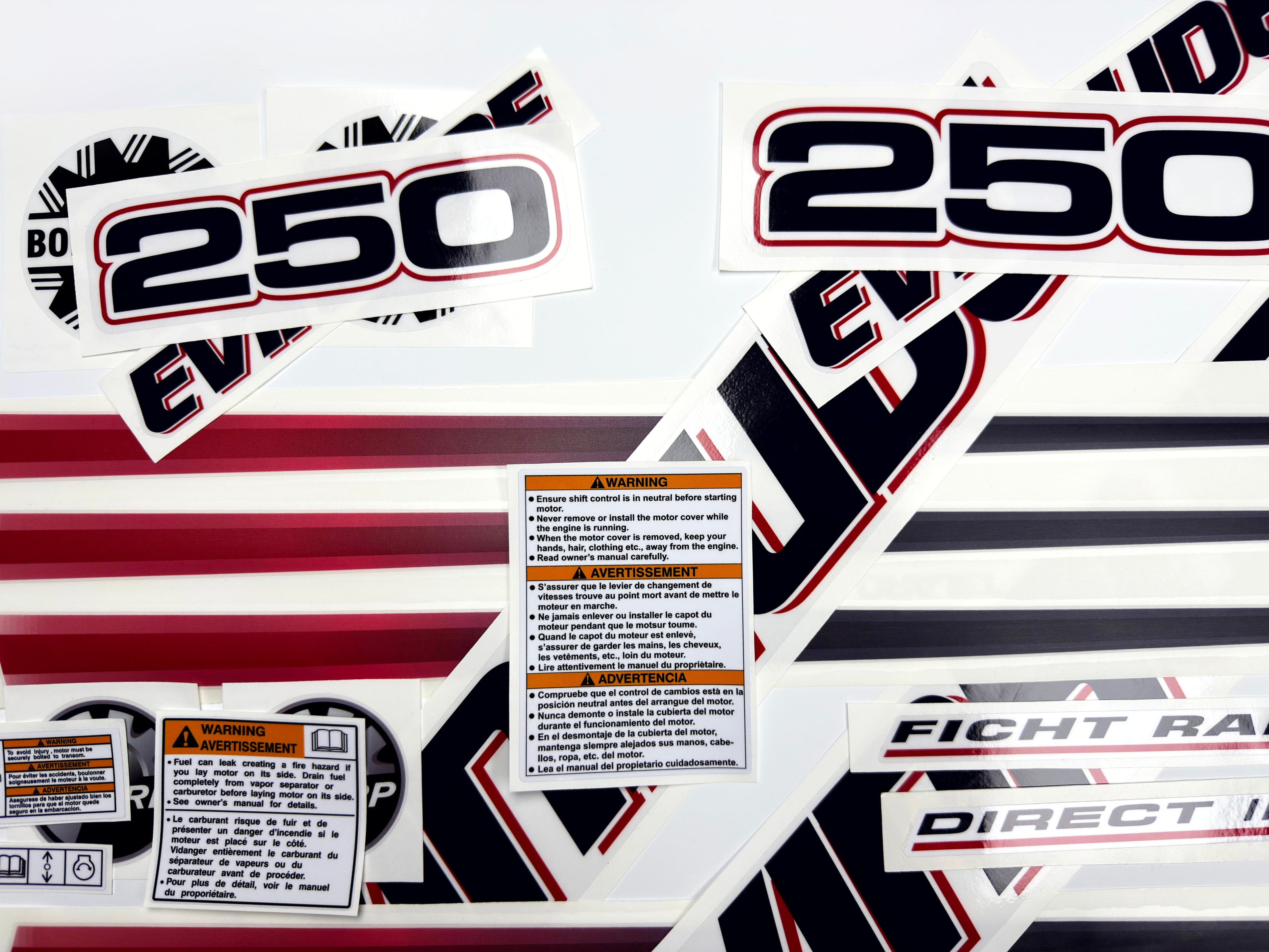 Vinyl graphic decals set suitable for Evinrude 250 hp direct injection outboard engine for white cover cowling . Vinyl stickers kit for Ewinrude 250 Handmade