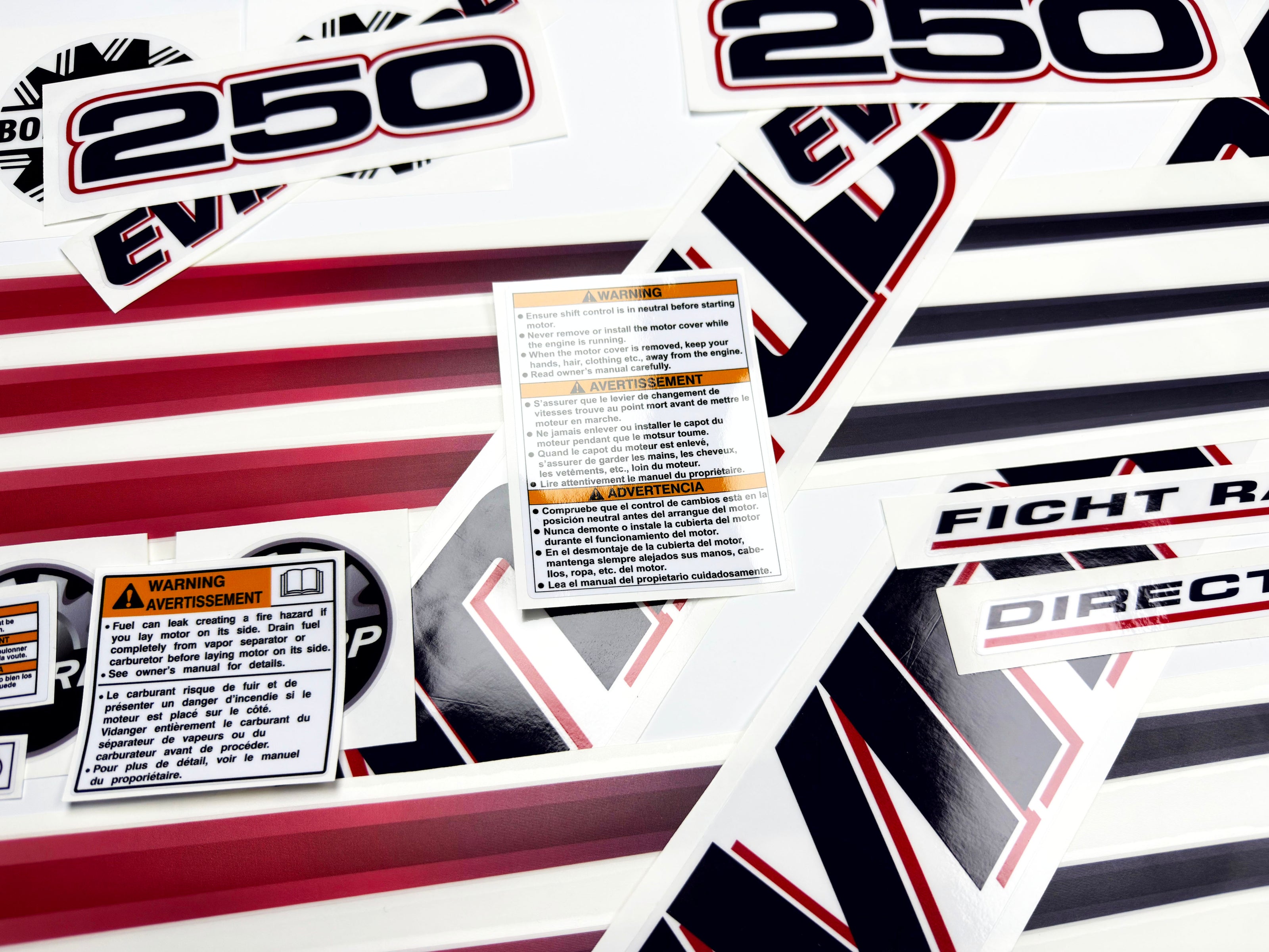 Vinyl graphic decals set suitable for Evinrude 250 hp direct injection outboard engine for white cover cowling . Vinyl stickers kit for Ewinrude 250 Handmade