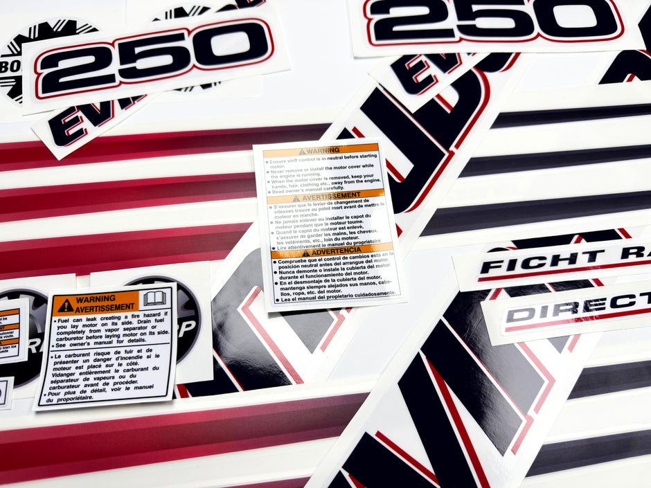 Vinyl graphic decals set suitable for Evinrude 250 hp direct injection outboard engine for white cover cowling . Vinyl stickers kit for Ewinrude 250 Handmade