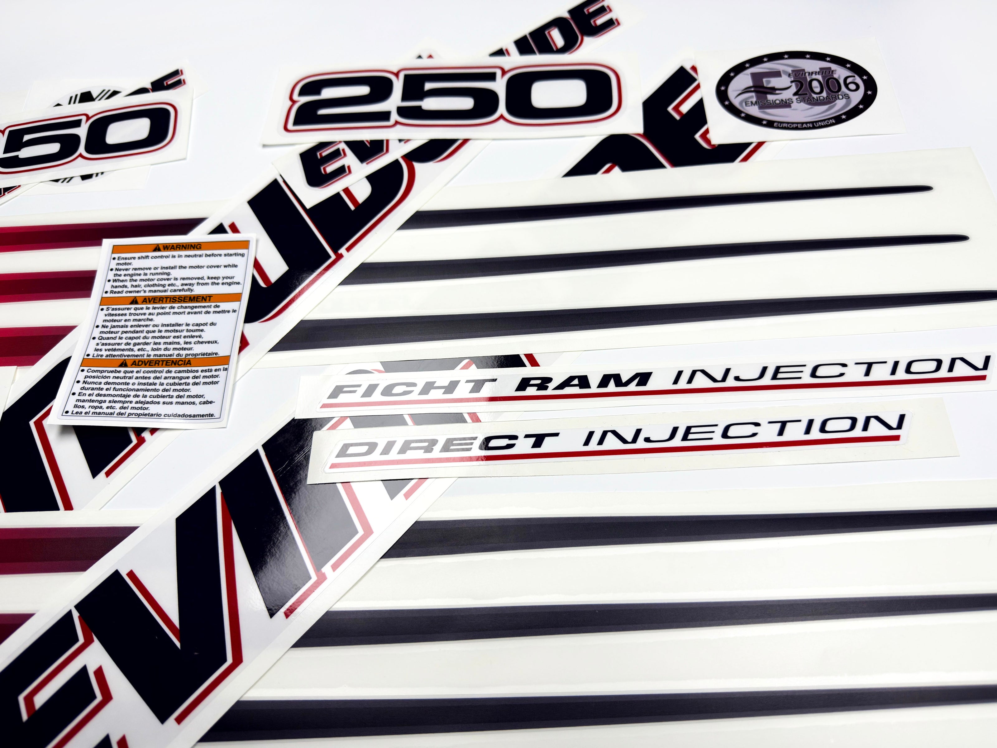 Vinyl graphic decals set suitable for Evinrude 250 hp direct injection outboard engine for white cover cowling . Vinyl stickers kit for Ewinrude 250 Handmade