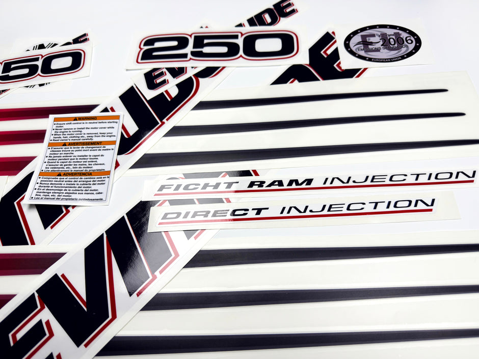 Vinyl graphic decals set suitable for Evinrude 250 hp direct injection outboard engine for white cover cowling . Vinyl stickers kit for Ewinrude 250 Handmade