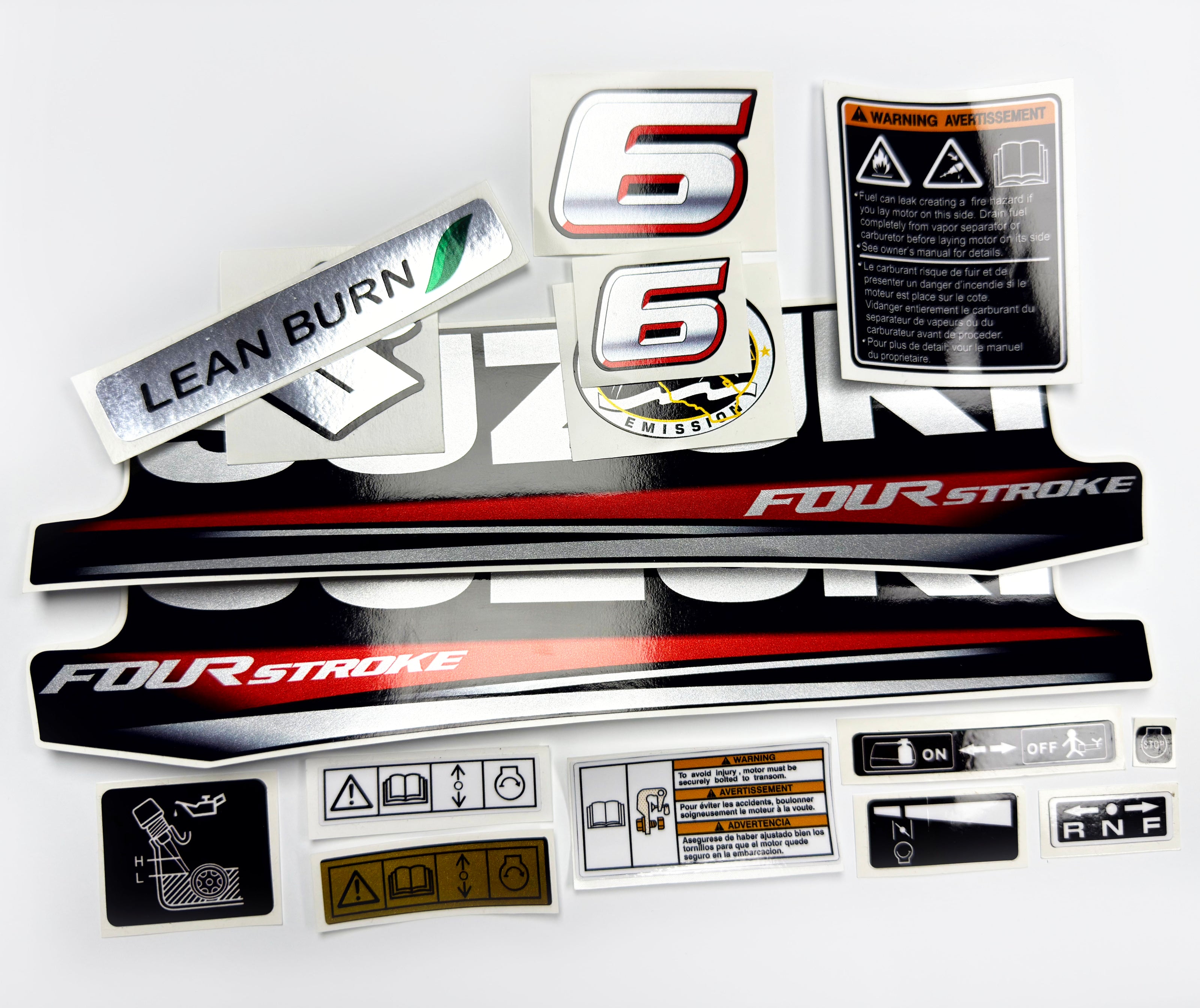 Vinyl graphic silver red shimmer decals set suitable for Suzuki 6 hp four stroke outboard engine. Vinyl stickers kit for suzuki 6 hp four stroke Handmade