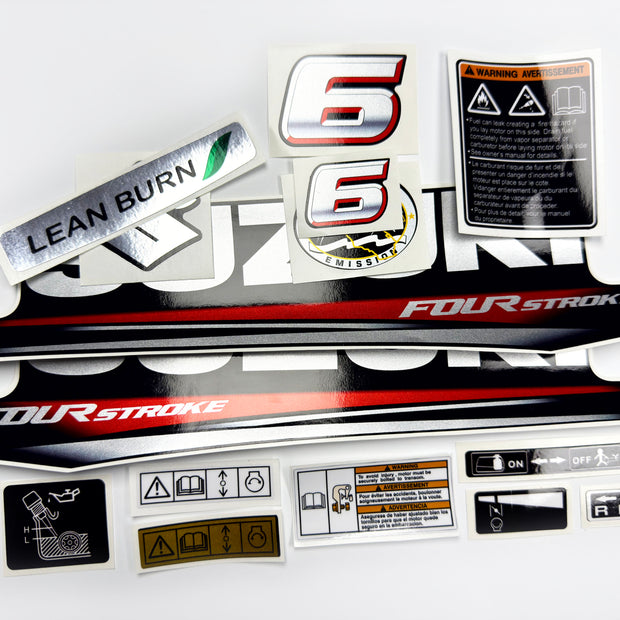 Vinyl graphic silver red shimmer decals set suitable for Suzuki 6 hp four stroke outboard engine. Vinyl stickers kit for suzuki 6 hp four stroke Handmade