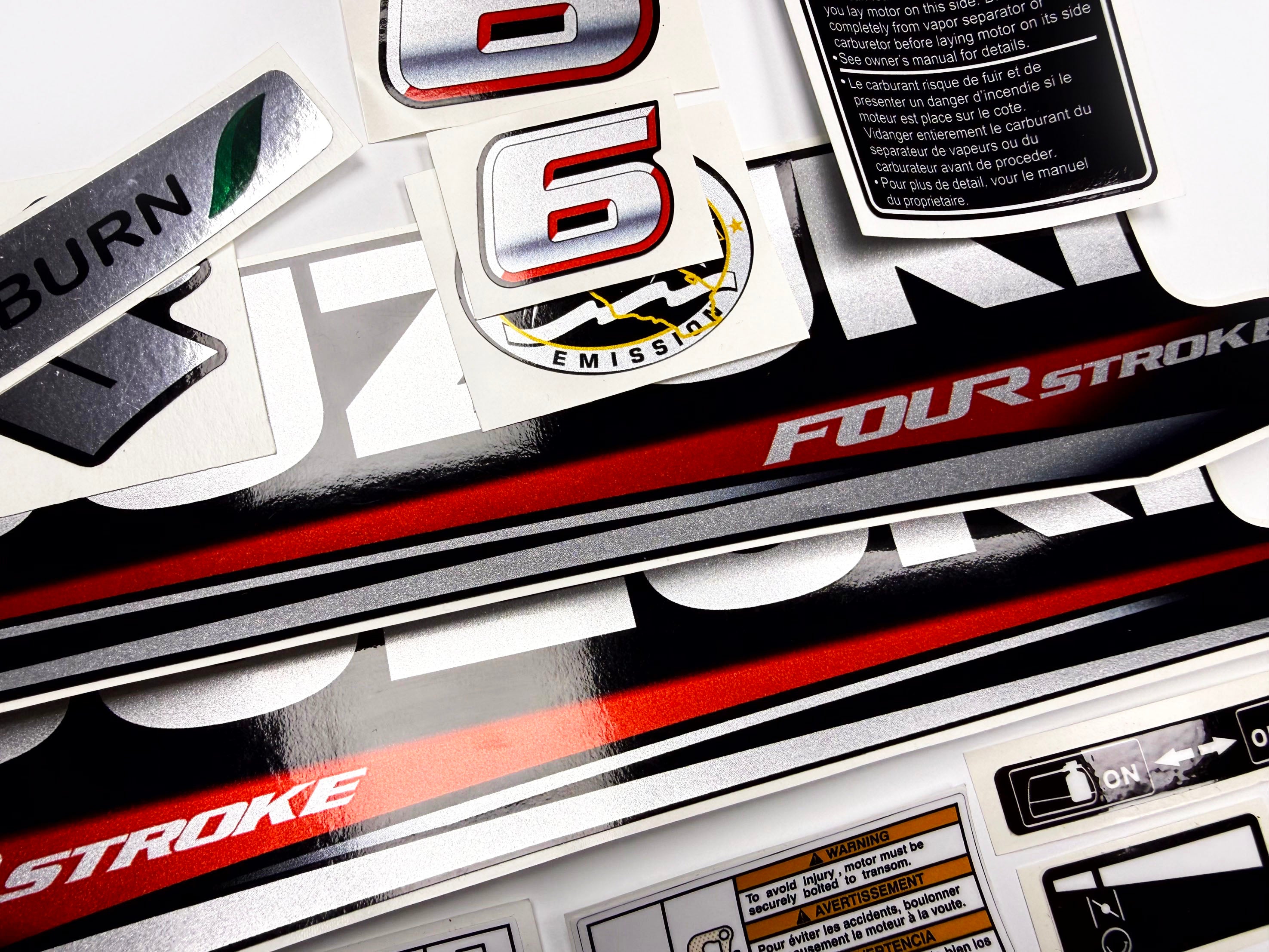 Vinyl graphic silver red shimmer decals set suitable for Suzuki 6 hp four stroke outboard engine. Vinyl stickers kit for suzuki 6 hp four stroke Handmade