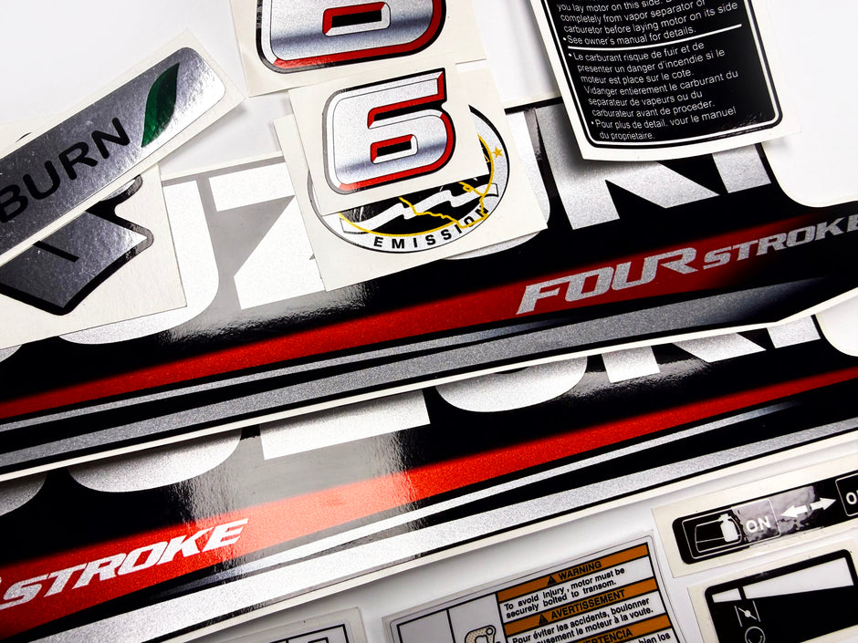 Vinyl graphic silver red shimmer decals set suitable for Suzuki 6 hp four stroke outboard engine. Vinyl stickers kit for suzuki 6 hp four stroke Handmade