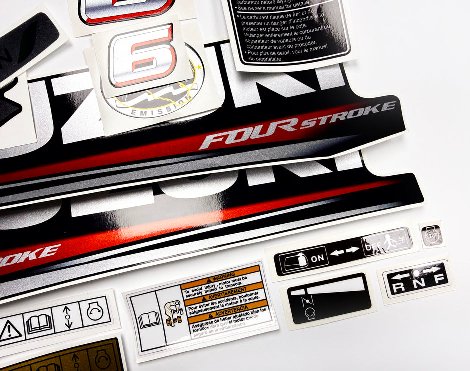 Vinyl graphic silver red shimmer decals set suitable for Suzuki 6 hp four stroke outboard engine. Vinyl stickers kit for suzuki 6 hp four stroke Handmade