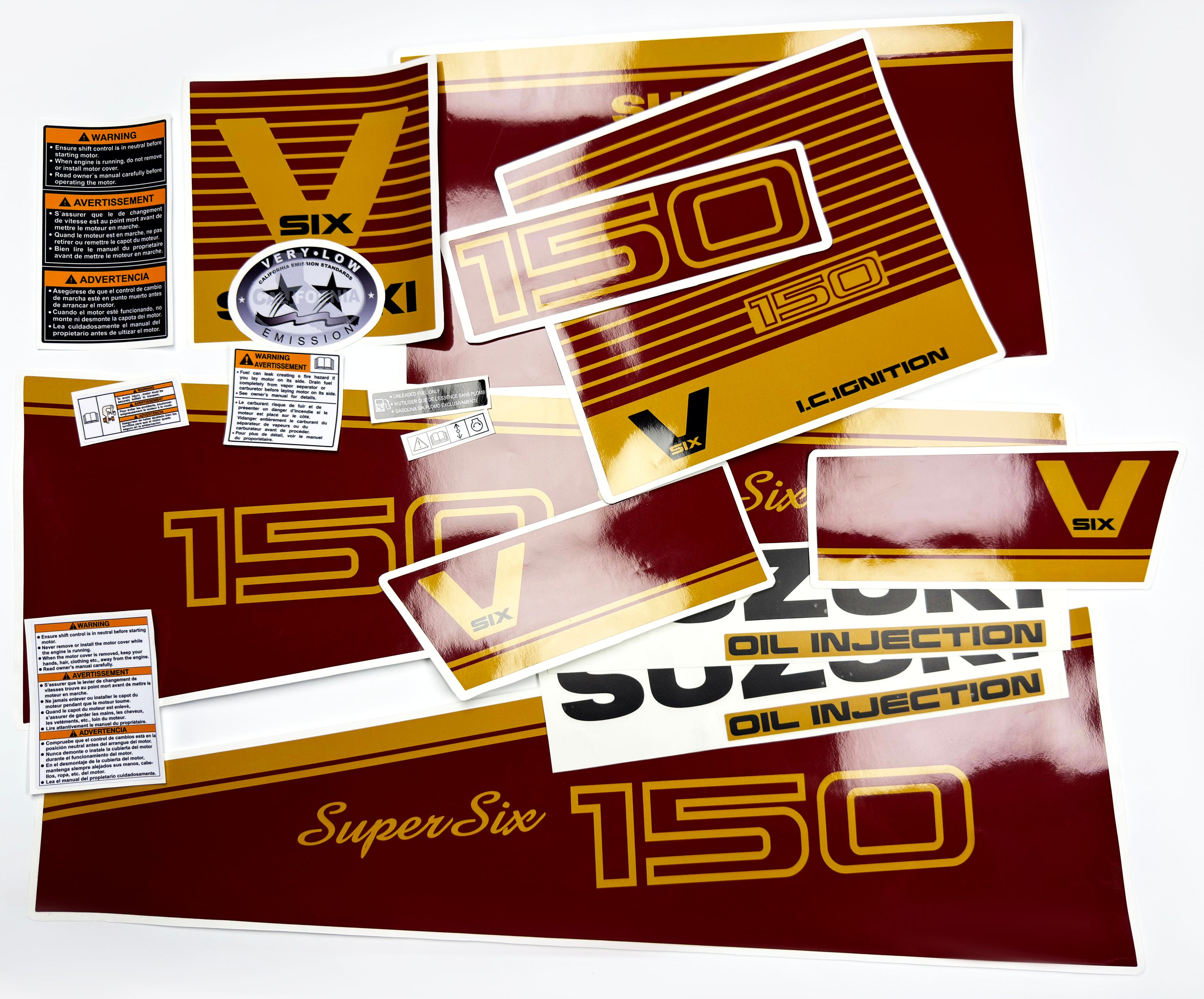 Vinyl graphic decals red and gold set suitable for Suzuki 150 hp super six outboard engine. Vinyl stickers kit for suzuki 150 hp Handmade