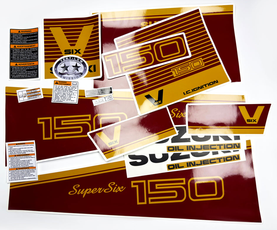 Vinyl graphic decals red and gold set suitable for Suzuki 150 hp super six outboard engine. Vinyl stickers kit for suzuki 150 hp Handmade