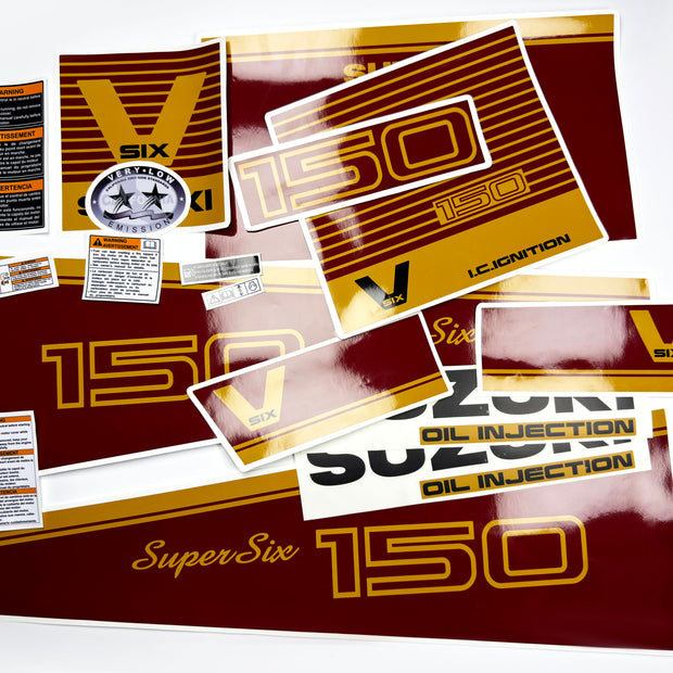 Vinyl graphic decals red and gold set suitable for Suzuki 150 hp super six outboard engine. Vinyl stickers kit for suzuki 150 hp Handmade