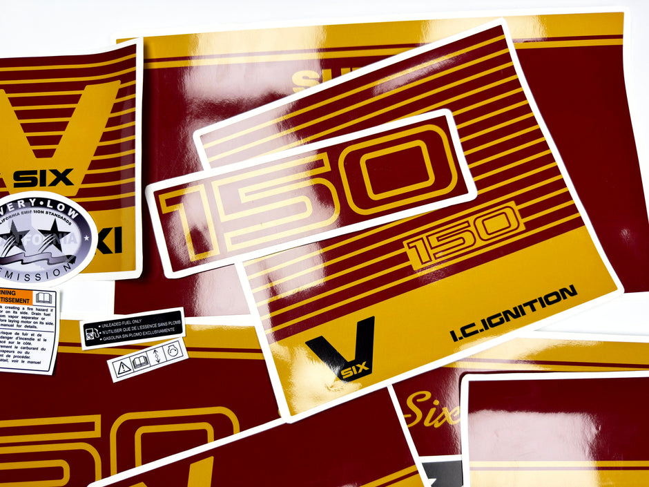Vinyl graphic decals red and gold set suitable for Suzuki 150 hp super six outboard engine. Vinyl stickers kit for suzuki 150 hp Handmade