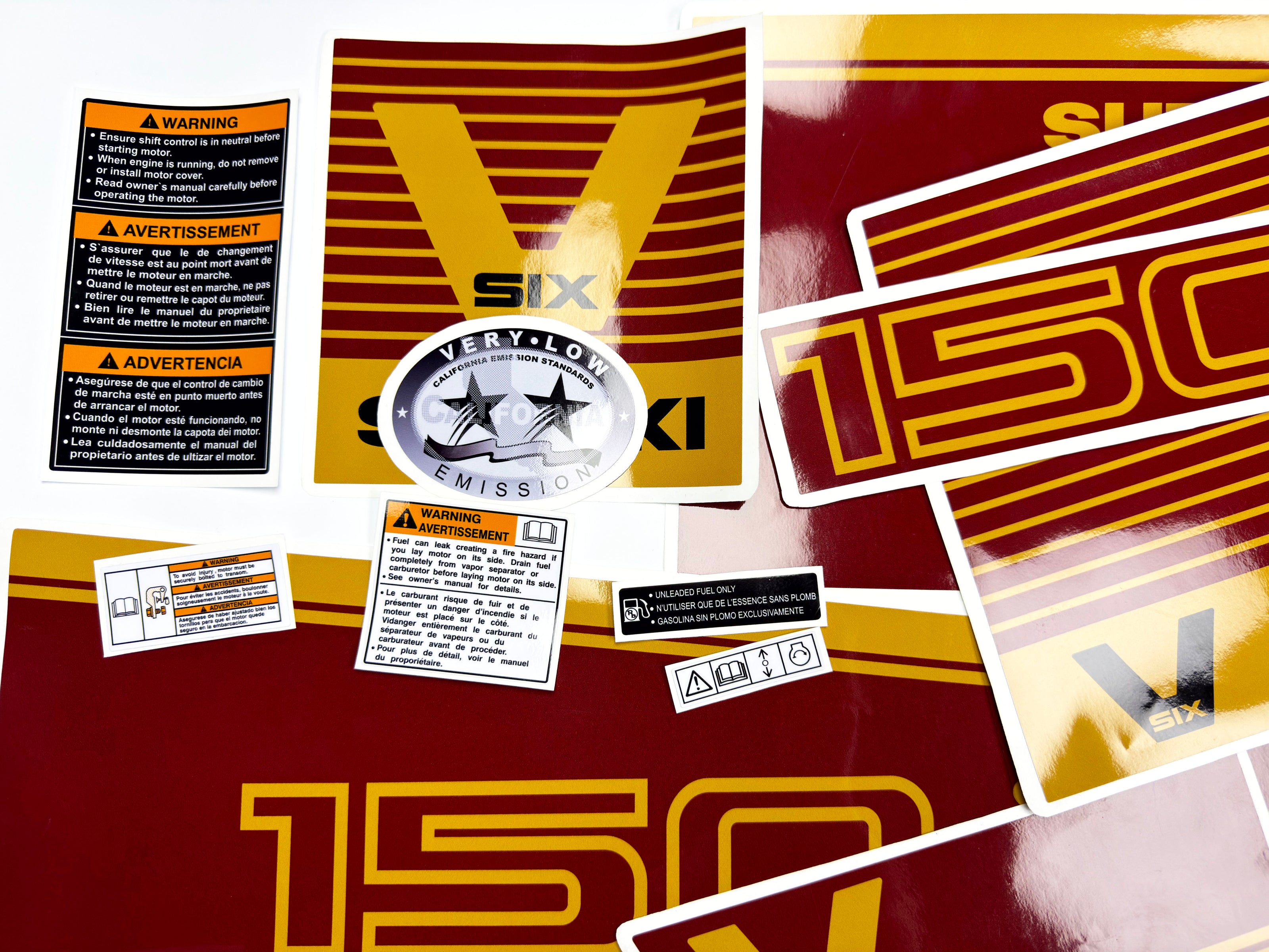 Vinyl graphic decals red and gold set suitable for Suzuki 150 hp super six outboard engine. Vinyl stickers kit for suzuki 150 hp Handmade