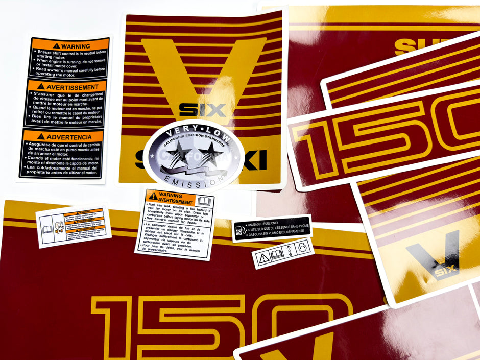Vinyl graphic decals red and gold set suitable for Suzuki 150 hp super six outboard engine. Vinyl stickers kit for suzuki 150 hp Handmade