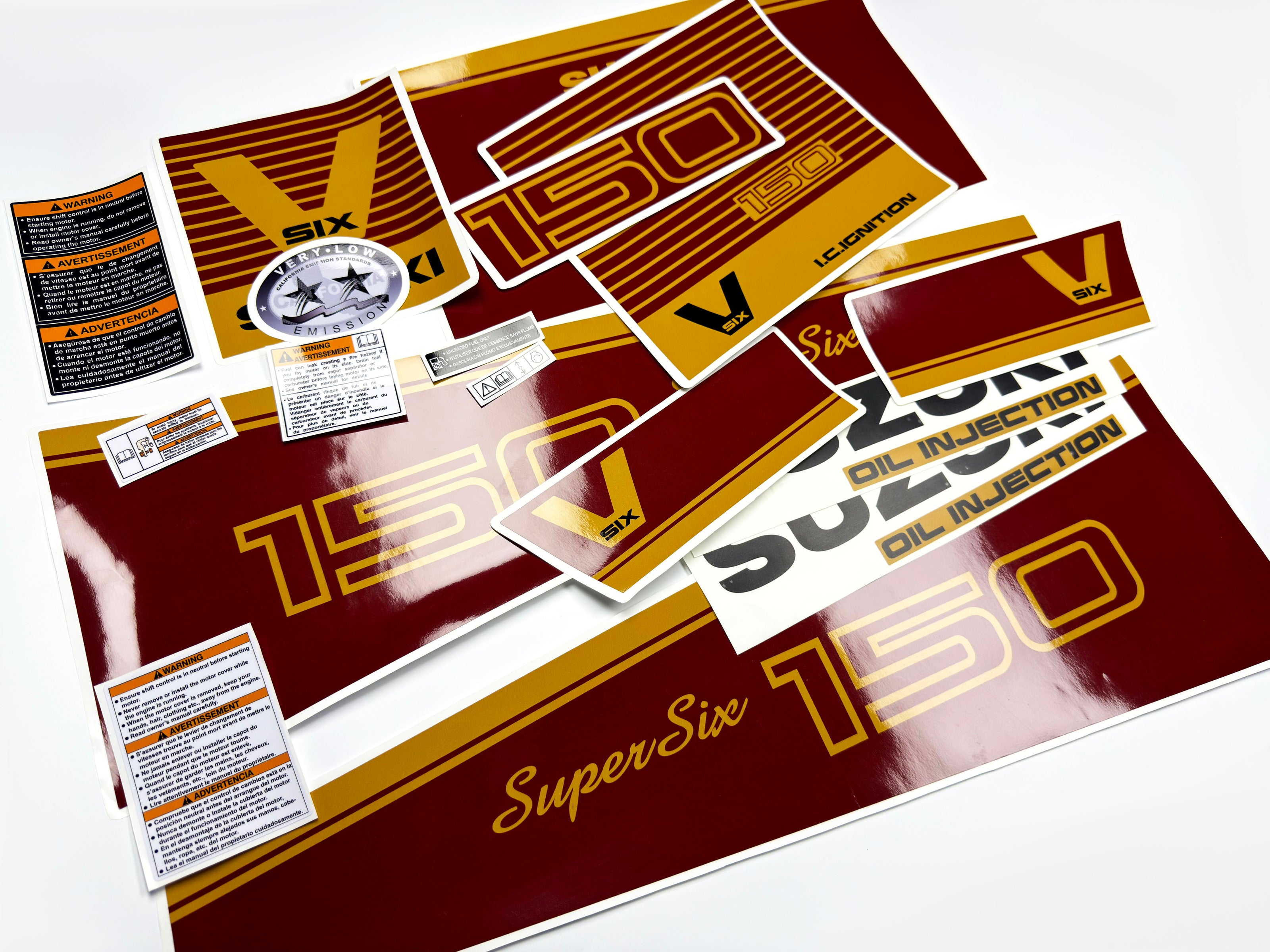 Vinyl graphic decals red and gold set suitable for Suzuki 150 hp super six outboard engine. Vinyl stickers kit for suzuki 150 hp Handmade