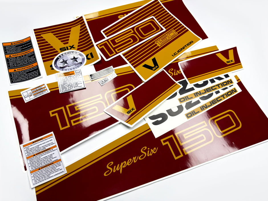 Vinyl graphic decals red and gold set suitable for Suzuki 150 hp super six outboard engine. Vinyl stickers kit for suzuki 150 hp Handmade
