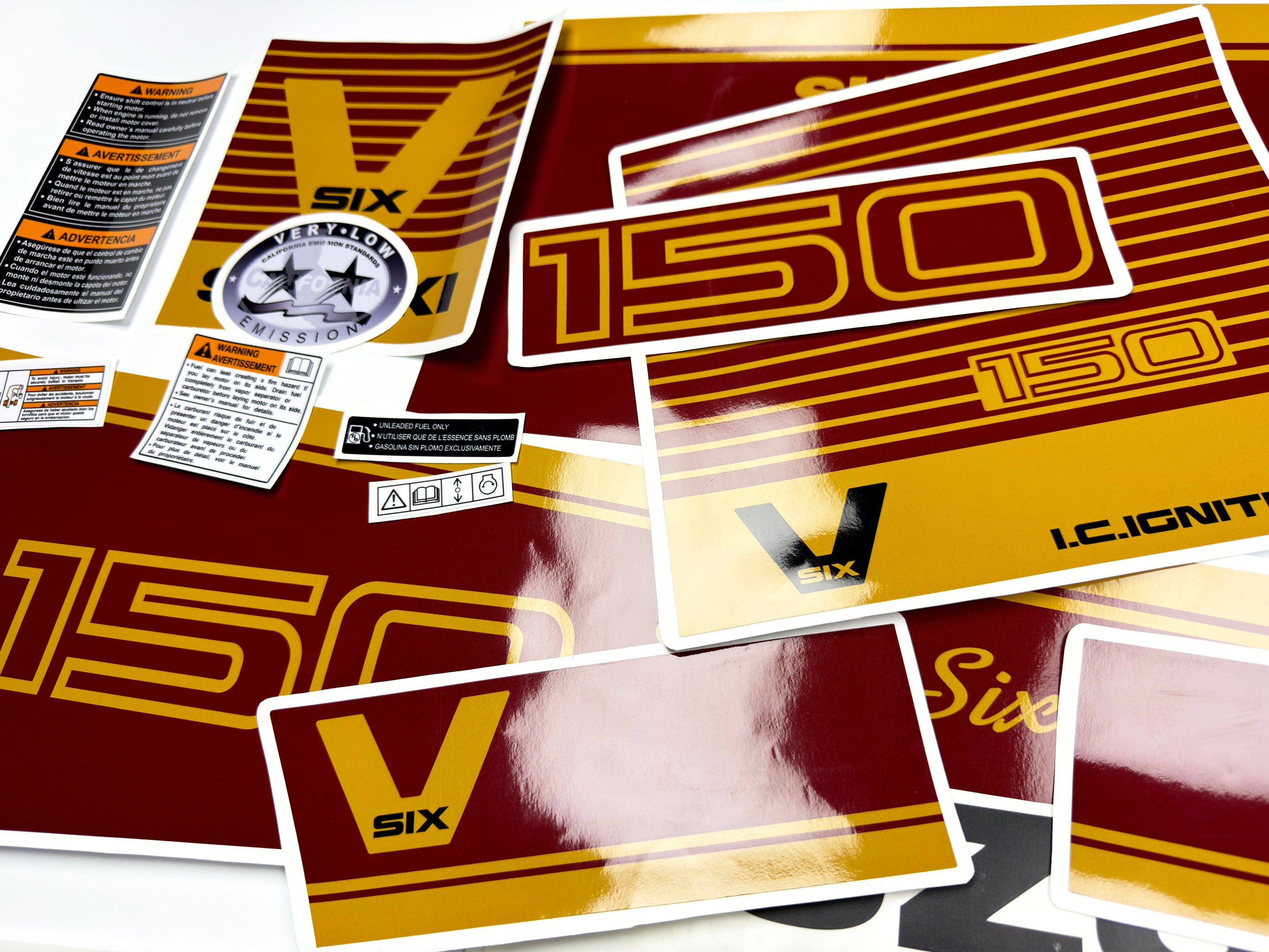 Vinyl graphic decals red and gold set suitable for Suzuki 150 hp super six outboard engine. Vinyl stickers kit for suzuki 150 hp Handmade