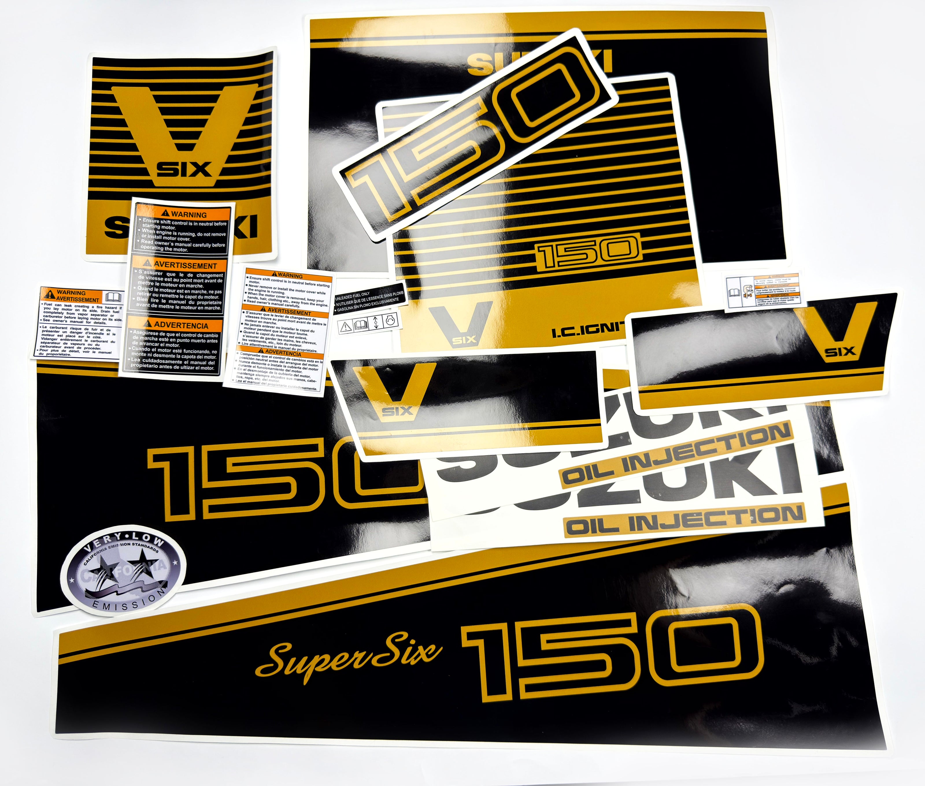 Vinyl graphic decals black gold set suitable for Suzuki 150 hp super six outboard engine. Vinyl stickers kit for suzuki 150 hp Handmade